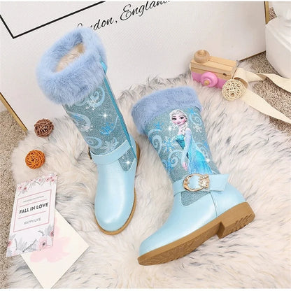Disney Elsa Princess Kids High Boots Girls Winter Warm Plush Snow Boots Frozen Print Children's Over The Knee Boots Size 25-36