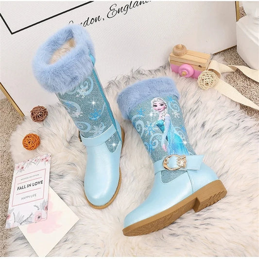 Disney Elsa Princess Kids High Boots Girls Winter Warm Plush Snow Boots Frozen Print Children's Over The Knee Boots Size 25-36