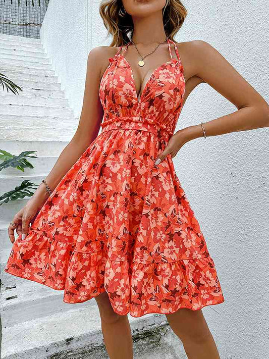 Honey Floral Halter Neck Backless Dress