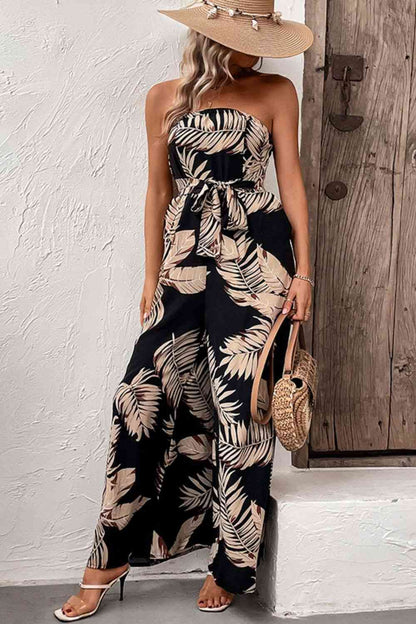  Printed Strapless Wide Leg Jumpsuit with Pockets