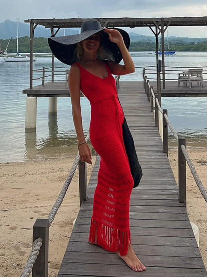 Sexy Swimsuit Bikini Cover-ups Knit Cut Out V-Neck Sleeveless Tassel Women Beach Maxi Dress 2024 Summer Vacation Dresses A2877