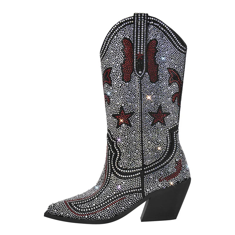 Glam Gal Diamond Rhinestone Western Cowgirl Boots with rhinestones and star designs, perfect for stylish western fashion.