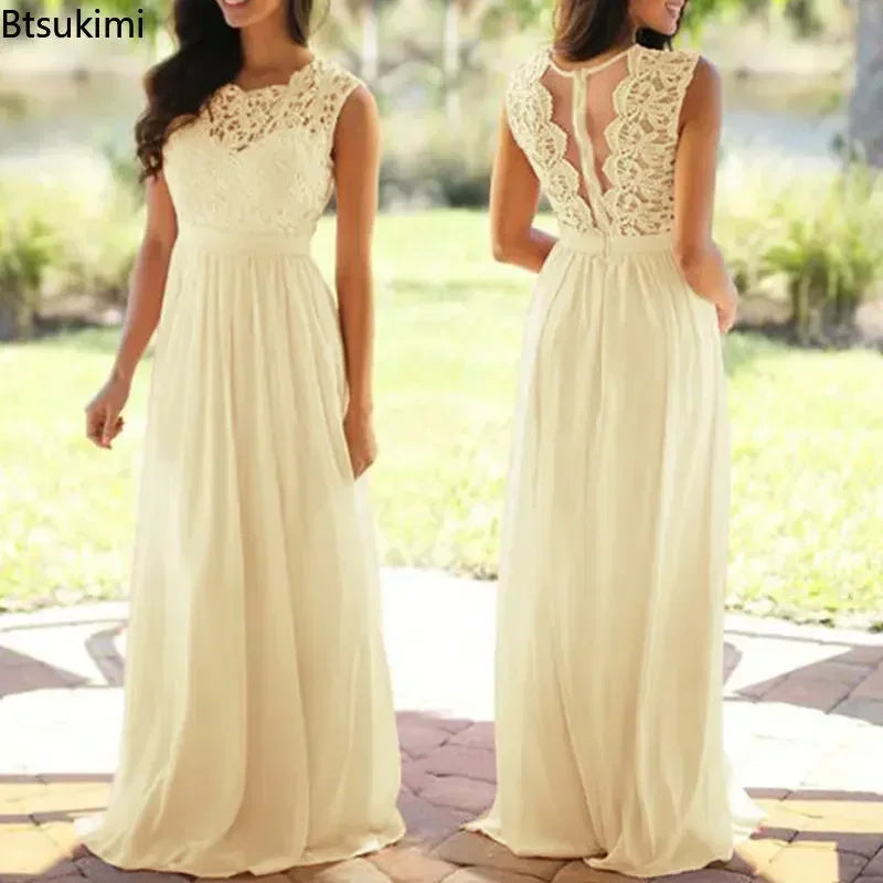 2025 Women Elegant Lace Patchwork Long Dress Female Solid Wedding Bridesmaid Party Maxi Dress Robe Femme Vestidos Dresses S-5XL