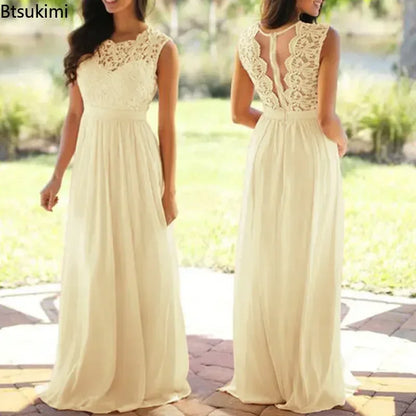 2025 Women Elegant Lace Patchwork Long Dress Female Solid Wedding Bridesmaid Party Maxi Dress Robe Femme Vestidos Dresses S-5XL