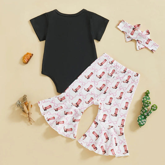 Western Baby Girl Clothes Boots or Bows Letter Bodysuit Romper Cow Print Flared Pants Headband Cowgirl Country Outfit