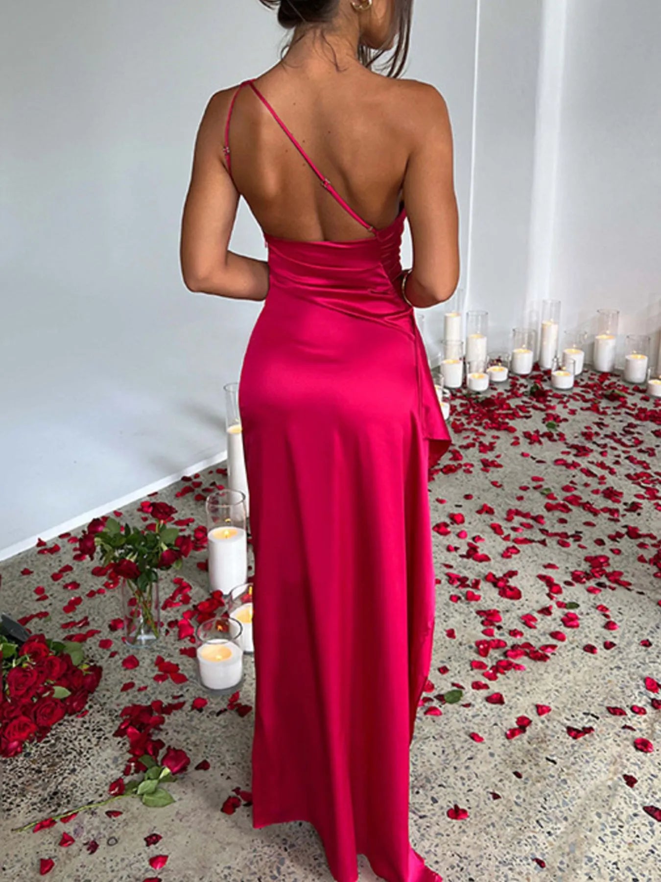 One Shoulder Satin Dress with High Slit showcasing the back view with ruched detailing and high slit.