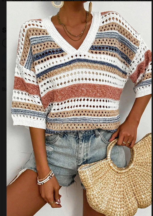 Striped Hollow Out Half Sleeve Knit Top