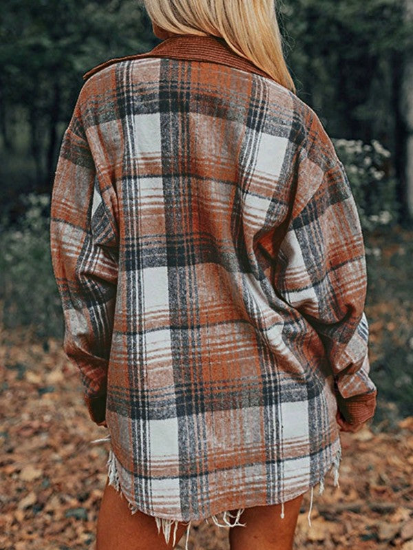Plaid Corduroy Patch Pocket Loose Shacket Shirt