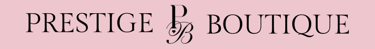 Logo of Prestige Boutique on a pink background, showcasing elegance and style.