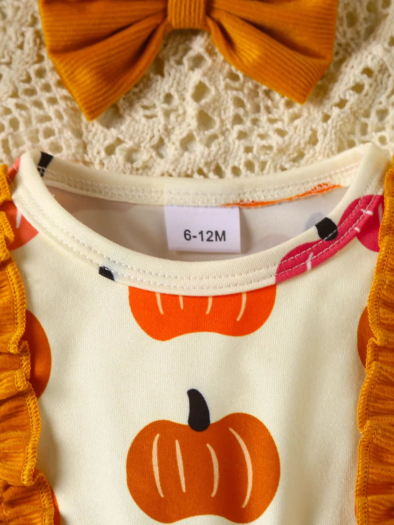 Children's Pumpkin Print Ruffle Dress with Bow Headband
