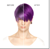 Comparison of a person with purple hair labeled 'Before' and 'After'.