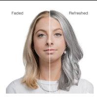 Comparison of a woman's face labeled 'Faded' on the left and 'Refreshed' on the right.