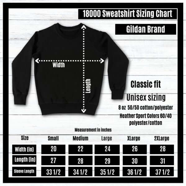 Gildan brand sweatshirt sizing chart with measurements on a white background