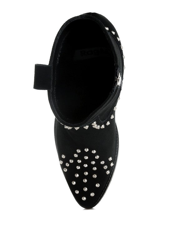 Black studded ankle boot on a white background