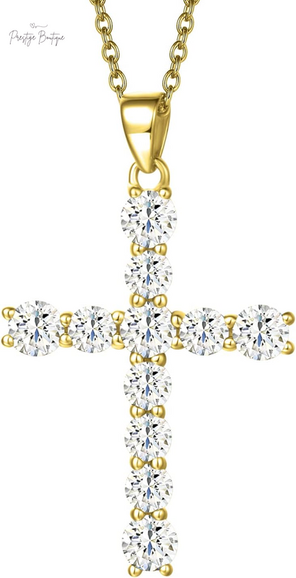 Carleen Cross Necklace for Women Yellow Gold Plated Sterling Silver Cubic Zirconia CZ Simulated Diamond Cross Crucifix Pendant Necklace Jewelry Easter Gift for Women, 18" Silver Chain Nice Gifts Jewelry Box