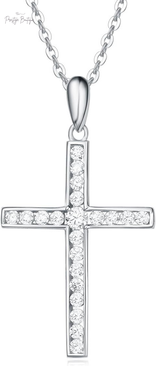 Carleen Cross Necklace for Women Yellow Gold Plated Sterling Silver Cubic Zirconia CZ Simulated Diamond Cross Crucifix Pendant Necklace Jewelry Easter Gift for Women, 18" Silver Chain Nice Gifts Jewelry Box