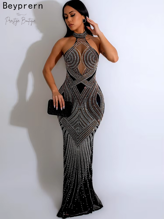 Beyprern Women'S Rhinestones Décor Long Maxi Dress Glam Backless Hallucination Mesh Diamonds Party Dress Celebrities Outfits