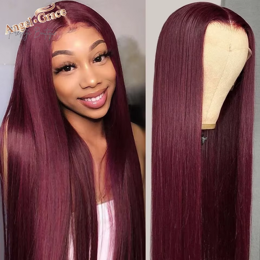 Angel Grace 99J Straight 4X4 Lace Closure Wigs Human Hair Burgundy Straight Wigs Brazilian Remy Colored Hair for Women