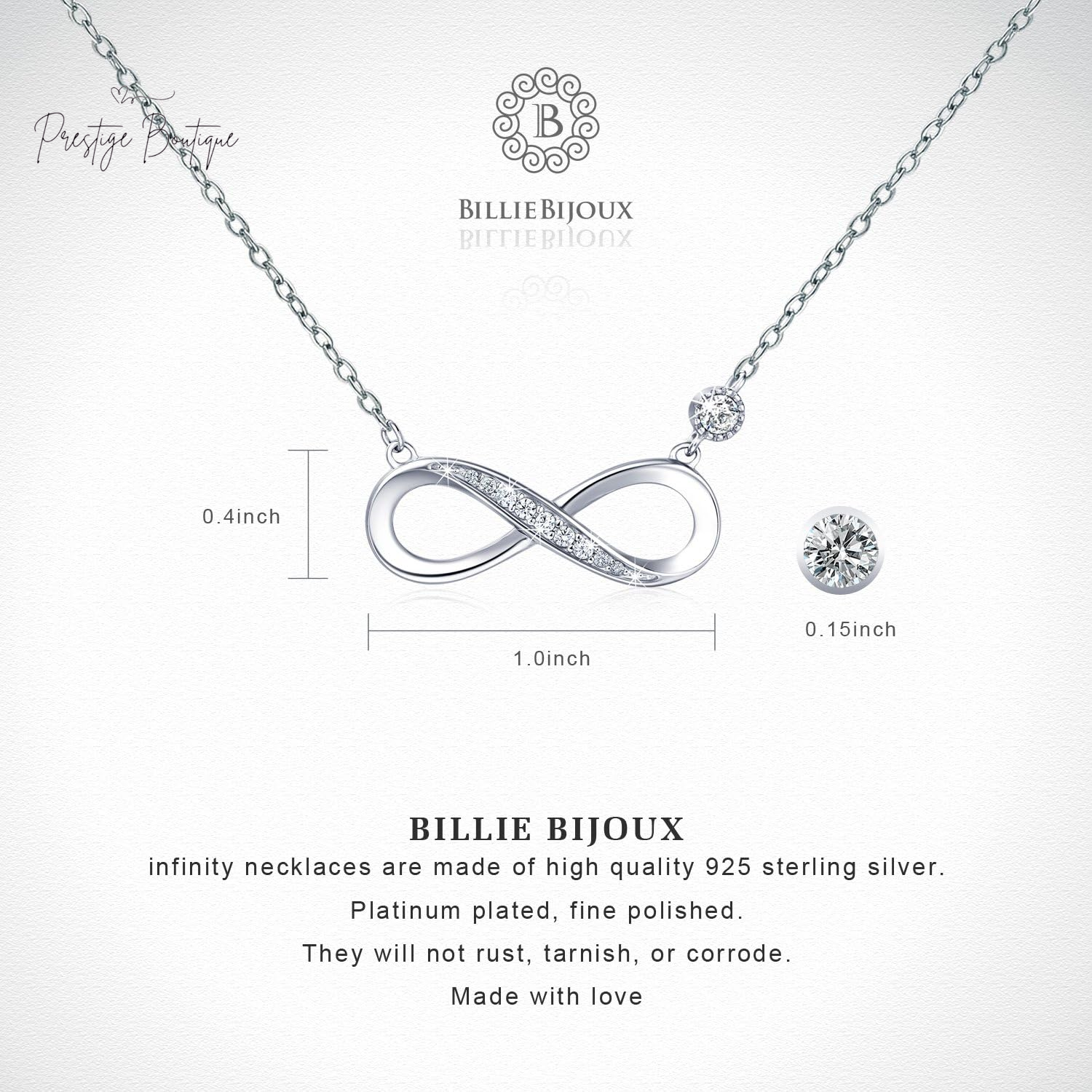 Billie Bijoux Infinity Necklaces 925 Sterling Silver Necklace Love Pendant White Gold Plated Women Necklace Gifts for for Women