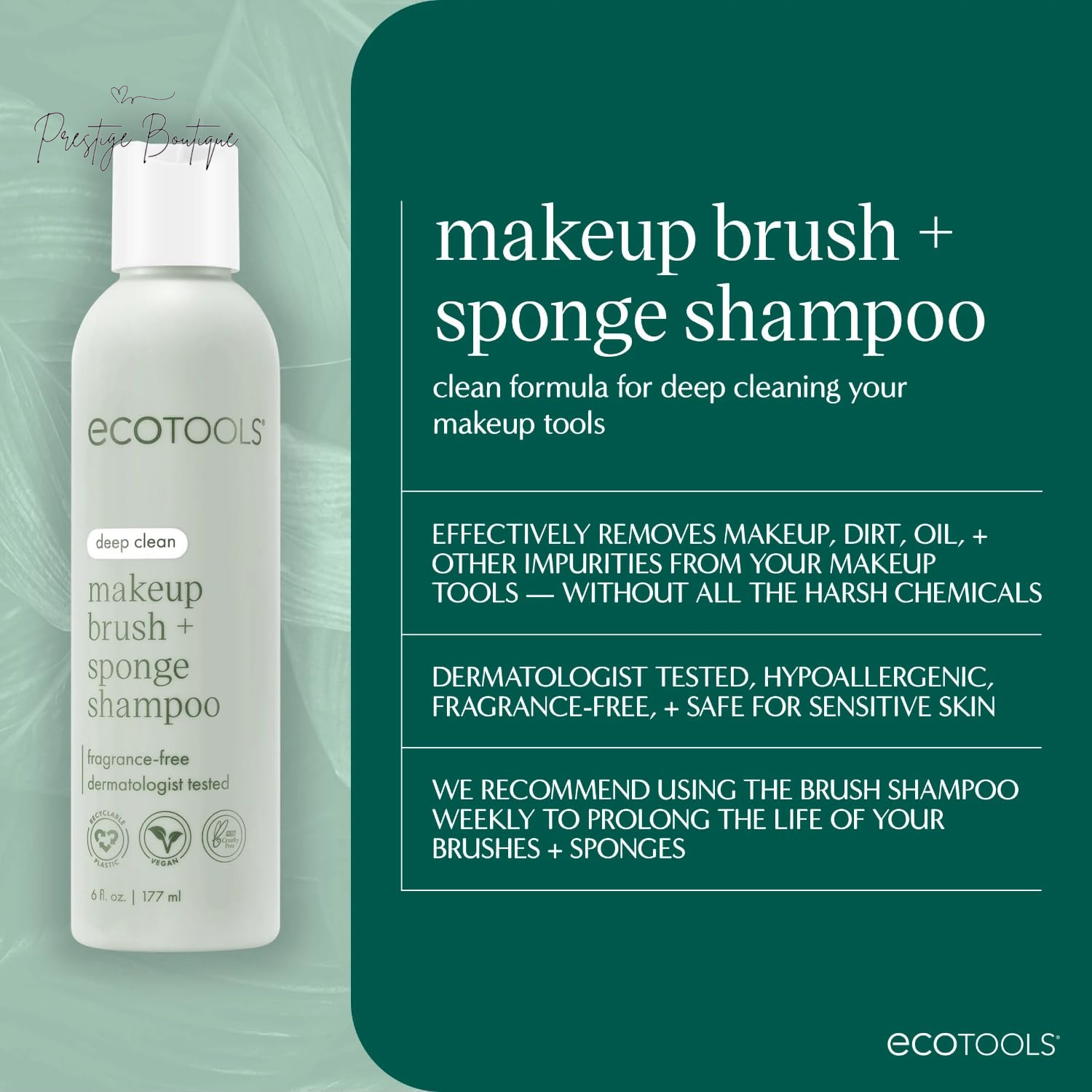 Ecotools Cleanser Shampoo for Makeup Brush/Sponge/Puffs, Remove Makeup & Impurities, Fragrance-Free, No Harsh Chemicals, Vegan & Cruelty-Free, 6 Fl.Oz./177 Ml, 1 Count