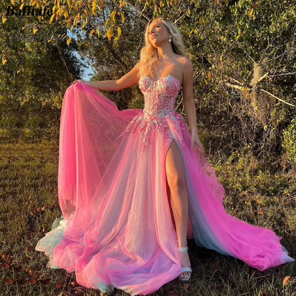 Bafftafe Customized Fairy Pink Mint Blue Prom Party Dresses Applique Women Evening Dress Slit Formal Wedding Engagement Gowns