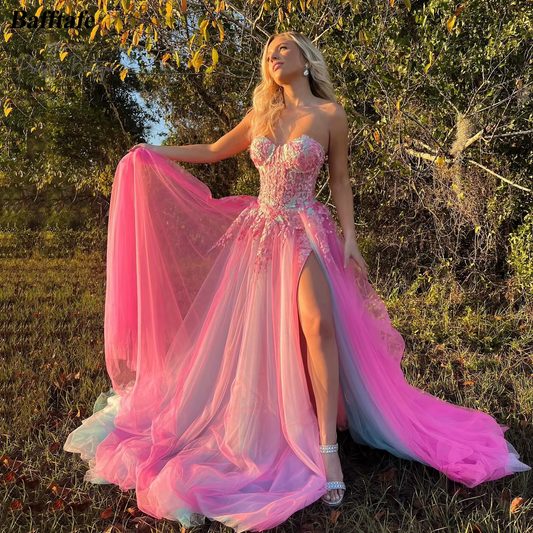 Bafftafe Customized Fairy Pink Mint Blue Prom Party Dresses Applique Women Evening Dress Slit Formal Wedding Engagement Gowns
