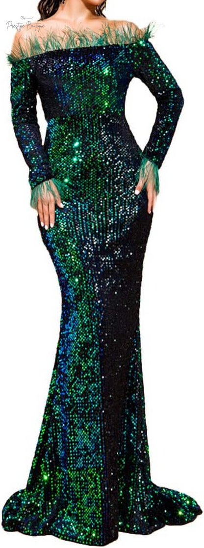 Romagic Formal Floor Length Long Sleeve Party Dress Sequin Feather Evening Prom Event