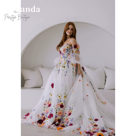 Amanda Customized Flowers Lace Embroidery Tulle Fabric Prom Dress Detachable Train Vestidos De Fiesta A-Line فستان حفلات الزفاف