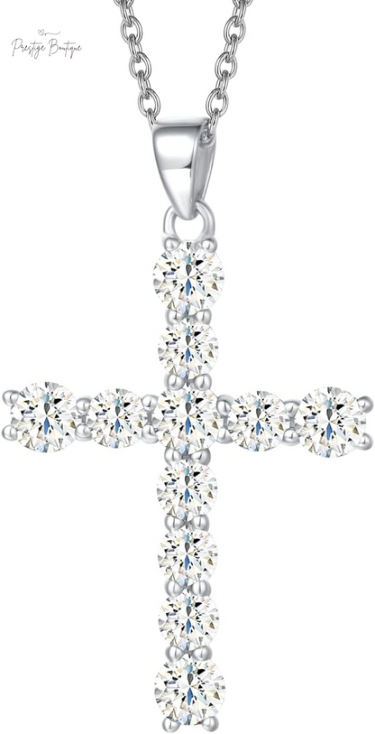 Carleen Cross Necklace for Women Yellow Gold Plated Sterling Silver Cubic Zirconia CZ Simulated Diamond Cross Crucifix Pendant Necklace Jewelry Easter Gift for Women, 18" Silver Chain Nice Gifts Jewelry Box