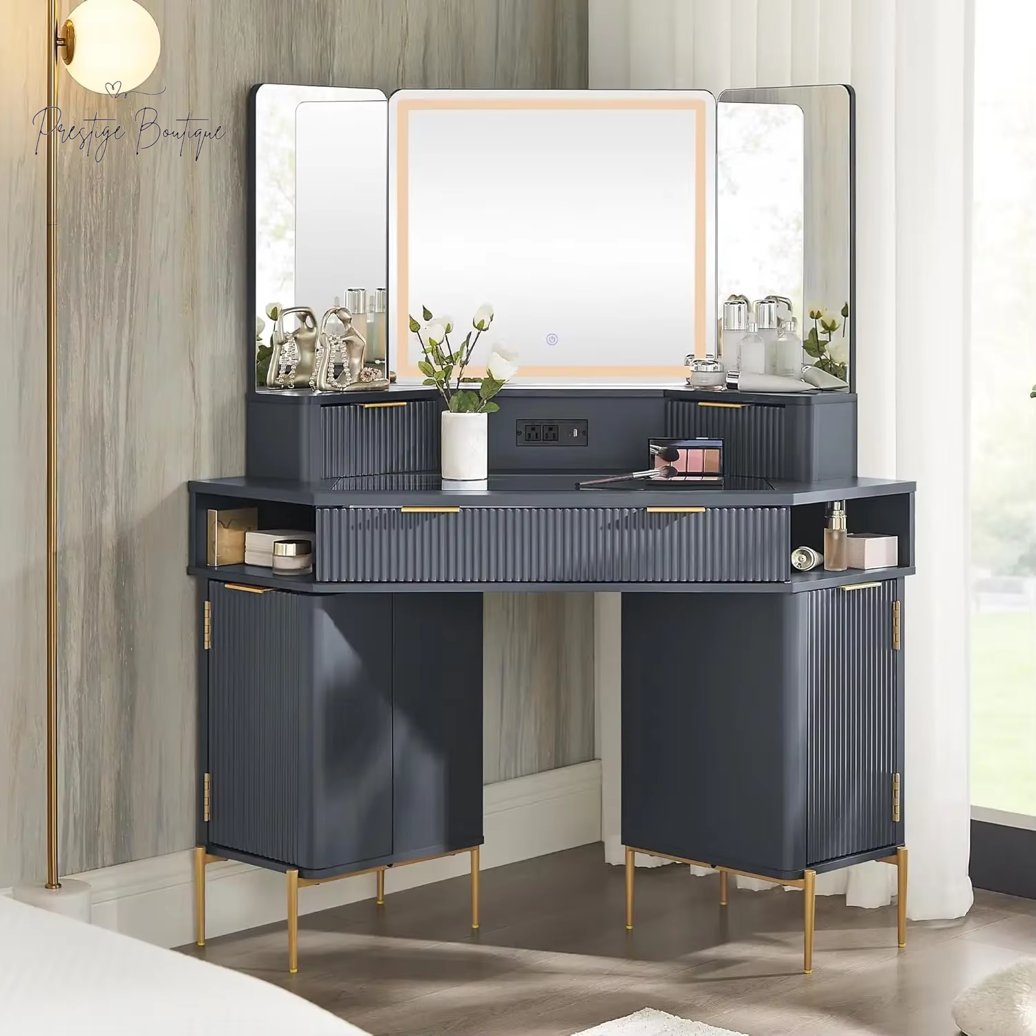 Fluted Makeup Vanity Desk with HD Triple Mirror and Lights, Large Lighted Corner Vanity with Glass Top, Modern Dressing Table
