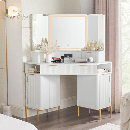 Fluted Makeup Vanity Desk with HD Triple Mirror and Lights, Large Lighted Corner Vanity with Glass Top, Modern Dressing Table