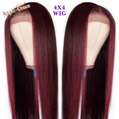 Angel Grace 99J Straight 4X4 Lace Closure Wigs Human Hair Burgundy Straight Wigs Brazilian Remy Colored Hair for Women