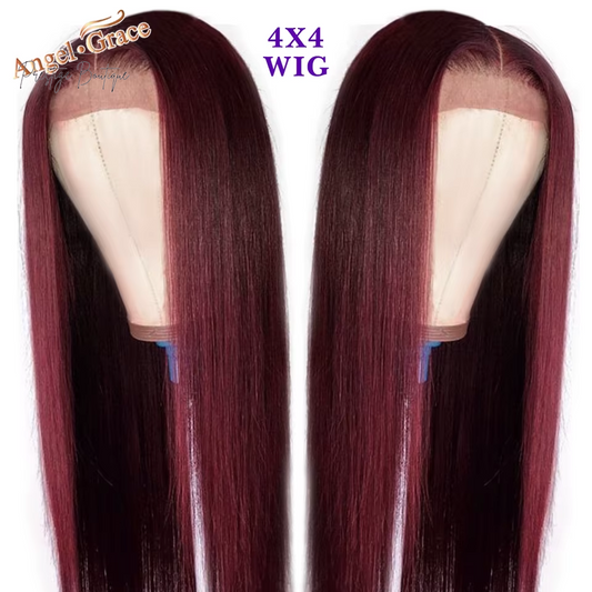 Angel Grace 99J Straight 4X4 Lace Closure Wigs Human Hair Burgundy Straight Wigs Brazilian Remy Colored Hair for Women