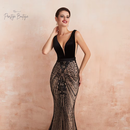 Customized Mermaid Evening Dresses YOUXI Sexy Plunging Backless Black and Champagne Long Prom Formal Gown Robe De Soiree