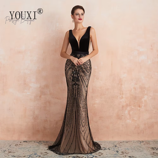 Customized Mermaid Evening Dresses YOUXI Sexy Plunging Backless Black and Champagne Long Prom Formal Gown Robe De Soiree