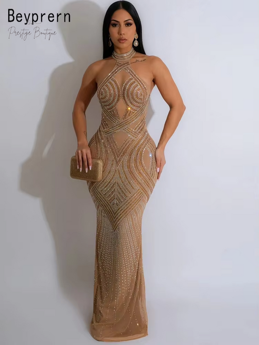 Beyprern Women'S Rhinestones Décor Long Maxi Dress Glam Backless Hallucination Mesh Diamonds Party Dress Celebrities Outfits