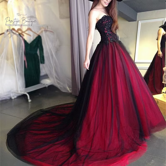 Sexy Gothic Wedding Dress Black and Red Sweetheart Beading Lace up Long Black Bridal Gowns Wedding Gown Customized