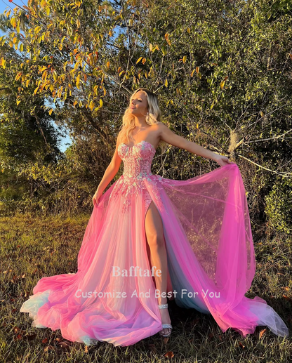 Bafftafe Customized Fairy Pink Mint Blue Prom Party Dresses Applique Women Evening Dress Slit Formal Wedding Engagement Gowns