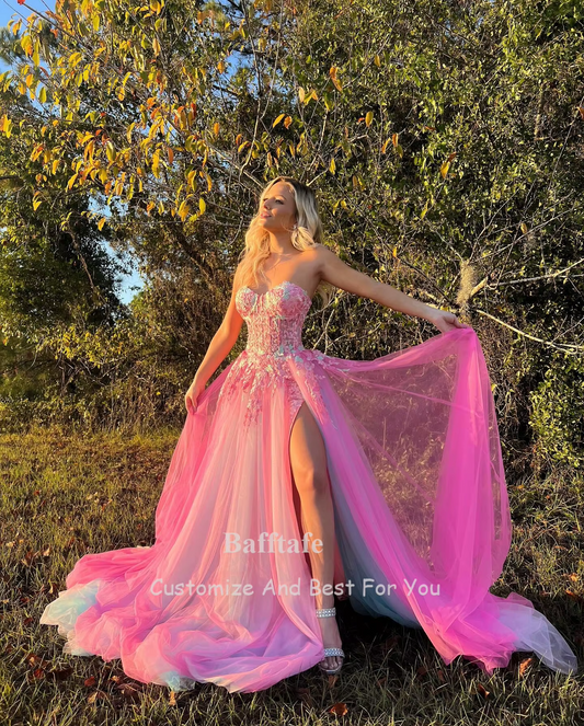 Bafftafe Customized Fairy Pink Mint Blue Prom Party Dresses Applique Women Evening Dress Slit Formal Wedding Engagement Gowns