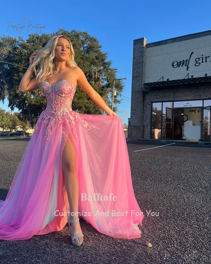 Bafftafe Customized Fairy Pink Mint Blue Prom Party Dresses Applique Women Evening Dress Slit Formal Wedding Engagement Gowns