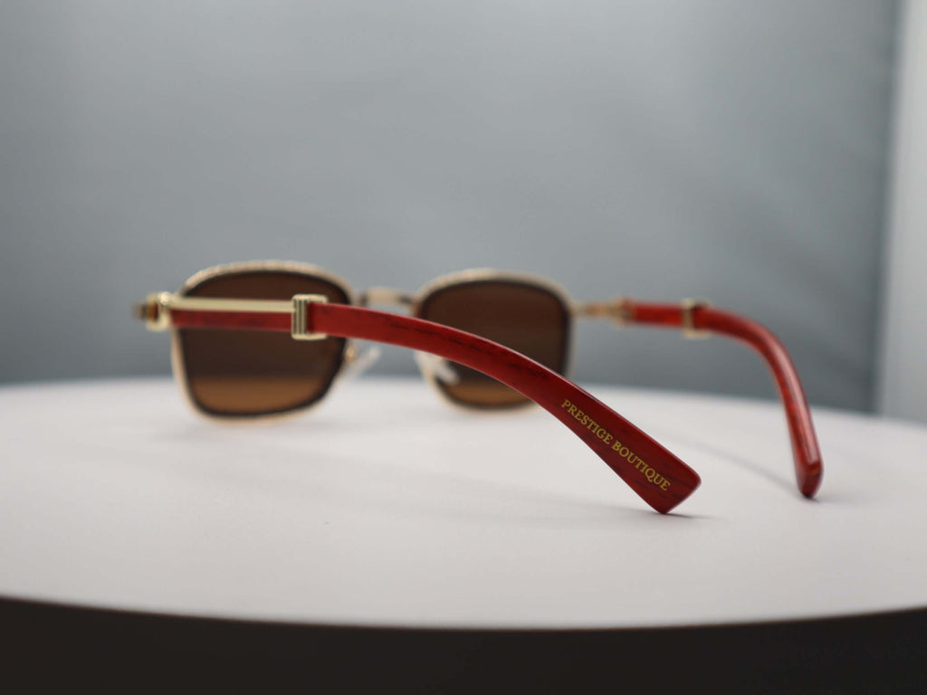 Rear view of Prestige Boutique Total Gem Women's Sunglasses with rhinestone detailing and red temple arms.